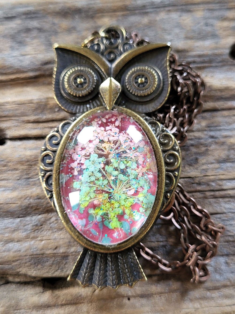 Vintage-Inspired Owl Pendant Necklace with Pink Floral Glass Cabochon